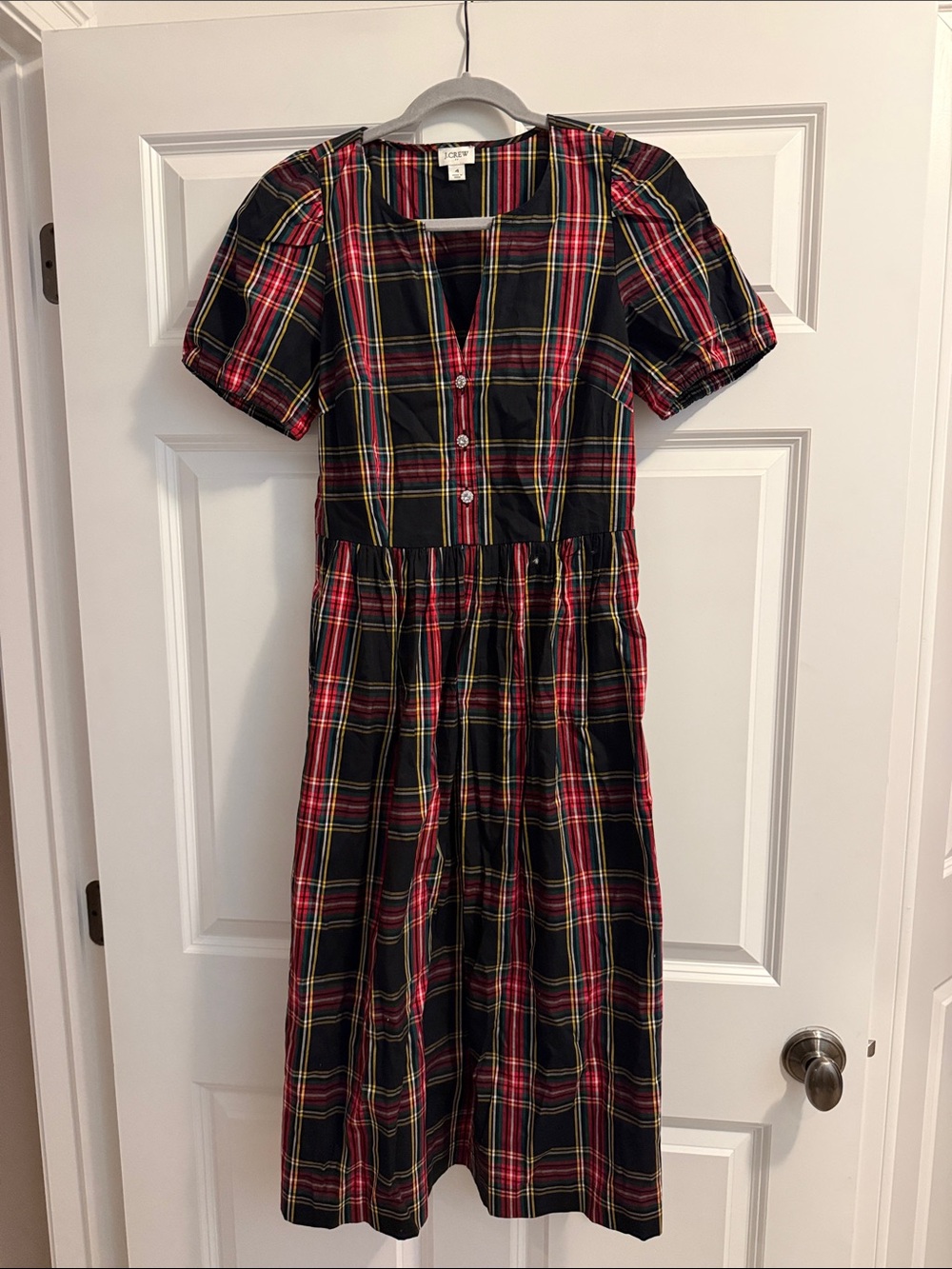 J. Crew Black and Red Plaid Short Sleeve Midi Dress